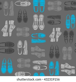 Seamless pattern with flat icons of mens shoes. Pattern for packaging and clearance Shoe store.