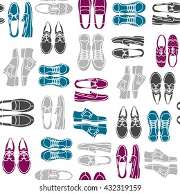 Seamless pattern with flat icons of mens shoes. Pattern for packaging and clearance Shoe store.