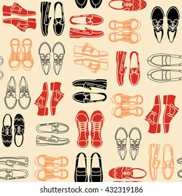 Seamless pattern with flat icons of mens shoes. Pattern for packaging and clearance Shoe store.
