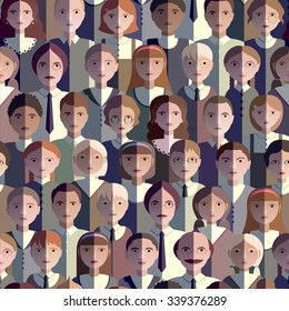 Seamless pattern with flat icons students and teachers. Background with children, teenagers, men and women of different nationalities in the school uniform.