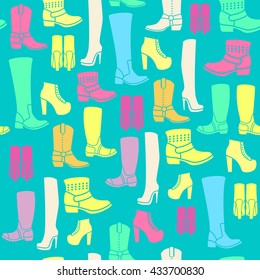Seamless pattern with flat icons of womens shoes. Pattern for packaging and clearance Shoe store.