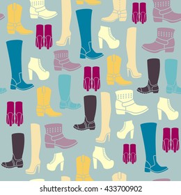 Seamless pattern with flat icons of womens shoes. Pattern for packaging and clearance Shoe store.