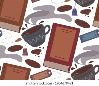 Seamless pattern of flat illustration of book, cup of tea, cookie and bookmark on white background. Cozy evening reading. Vector cartoon texture for wallpaper, fabric, wrapping paper and your design.