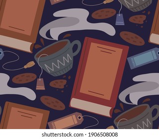Seamless pattern of flat illustration of book, cup of tea, cookie and bookmark on dark background. Cozy evening reading. Vector cartoon texture for wallpaper, fabric, wrapping paper and your design.