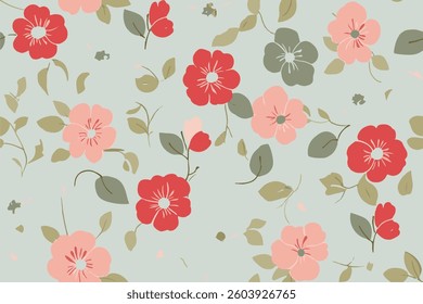 Seamless pattern, flat illustration, cute flowers and leaves, light blue background, pastel colors, red, pink, green, gray, and beige