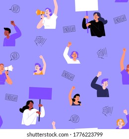 Seamless pattern. Flat illustration of a group of female activists protesting holding protest poster and shouting