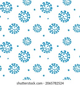 Seamless pattern with a flat illustration of a new coronavirus on a white background. An abstract model of the nCoV COVID virus. Epidemic pattern of the coronavirus.