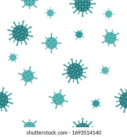 Seamless Pattern With Flat Illustration Of Novel Coronavirus (2019-nCoV) COVID-19 On White Background. Abstract Model Of NCoV COVID Virus. Coronavirus Epidemic Pattern