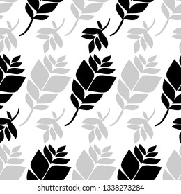 Seamless pattern with flat leaves. Black and white design. Can be used in printing, textile, wrapping, web-design.