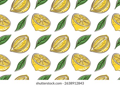 Seamless pattern with flat lemon and green leaves on white background. Perfect for summer packaging, citrus theme, textile, kitchen decor and fresh fruit design.
