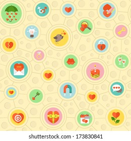 Seamless pattern with flat love symbols in colored circles connected with lines and dots