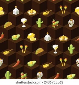 Seamless pattern of flat mexico related icons on brown isometric background