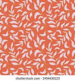 Seamless pattern with flat minimalism leaves on orange background. Hand drawn vector illustration. Texture for print, fabric, textile, wallpaper.