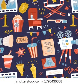 Seamless Pattern With Flat Movie Icons On Dark Blue Background. Reel, Camera, Ticket, Clapperboard And Fast Food. Cartoon Hand Drawn Vector Illustration