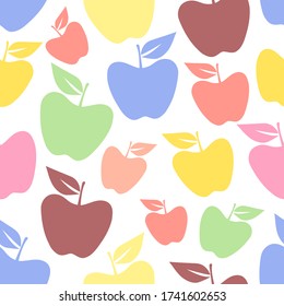 Seamless pattern of flat multicolored apples on a white background.
