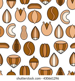 Seamless pattern of flat nuts. Decorative background. Vector
