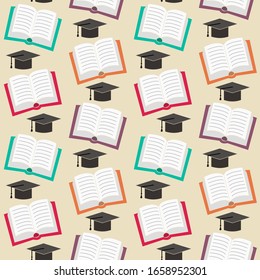 Seamless pattern of flat opened books and master hat. Light background with colored covers. Background for notebooks, textbooks, school and education topics. Vector illustration