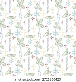 Patrón sin fisuras con decoraciones de Navidad de contorno plano de carámbanos y copos de nieve en las ramas de abeto con un resplandor. Fondo de Festiva para el papel de embalaje de invierno, estampados textiles de temporada, Fondo de pantalla