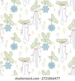 Seamless pattern with flat outline Christmas decorations of icicles and snowflakes on fir branches with sequined thread bows. Holiday background for winter wrapping paper, seasonal textile prints