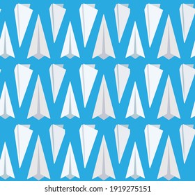 Seamless pattern of flat paper airplanes on blue background. Letters and mail. Transportation of correspondence by air. Vector texture for wallpapers, fabrics, wrapping paper and your creativity