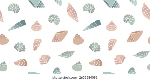 Padrão sem emenda com conchas pastel plana em estilo minimalista. Silhueta de conchas marinhas oceânicas. Ótimo para impressão têxtil, papel de embrulho, decoração de férias, embalagem, marca de verão, produto de praia
