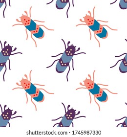 Seamless pattern with flat pink and purple beetles on a white background.