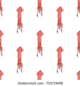 Seamless pattern with flat pink squid, isolated on white background. Red creature, wildlife of underwater world. Sea food - vector illustration.