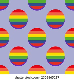 Seamless pattern in flat pop art style with bright circles in the colors of the LGBT flag. Rainbow background for Pride Month celebration. Retro design for fabric, wallpaper, wrapping paper. Vector.