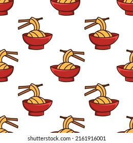 Seamless pattern with flat ramen bowl doodle outline vector