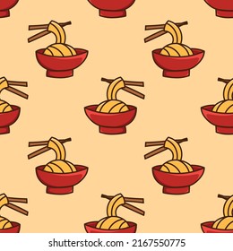 Seamless pattern with flat ramen bowl doodle outline vector