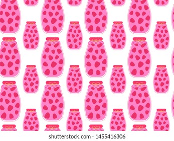 Seamless pattern. Flat raspberry compotes in glass jars on a white background. Vector.