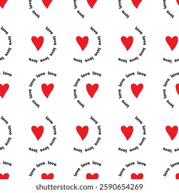 Seamless pattern with flat red hand drawn heart and Love lettering arranged in a circle on transparent background. For gift wrapping on birthday, Valentine's day. Vector illustration EPS10