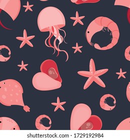 Seamless pattern with flat sea animals on dark background, sealife elements. Collection of modern sea underwater life