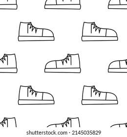 Seamless pattern with flat side view sneaker doodle outline vector