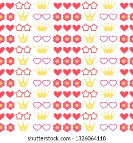 Seamless pattern with flat simple flowers, crowns and herts. Vector 