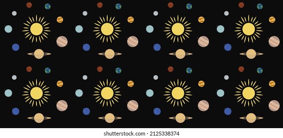 Seamless pattern with flat Solar system planets and sattelites