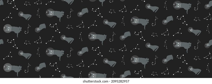 Seamless pattern with flat space astronaut cats in helmets and linear constellations