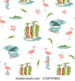 Seamless pattern in a flat style with African animals hippos, crocodiles, pink flamingos. Wallpaper with wildlife motives