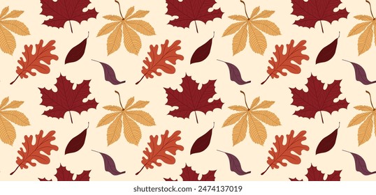 Seamless pattern in flat style with autumn leaves in red, brown, and yellow tones on a beige background. Perfect for seasonal designs and fall-themed projects