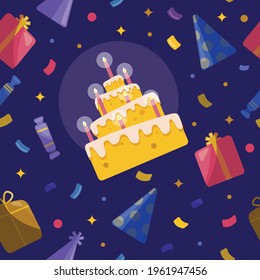 Seamless pattern flat style. cake with candles, presents and confetti. Vector illustration. Birthday party concept. For print, design, decoration, cards, invitation, stickers and wrapping paper.