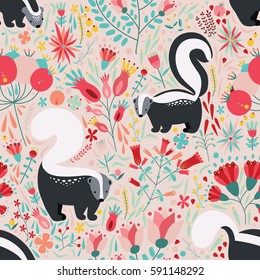 Seamless pattern in flat style with cartoon floral elements, flowers and skunks. Cute colorful background.