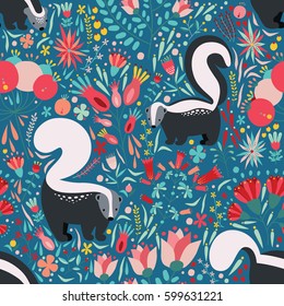 Seamless pattern in flat style with cartoon floral elements, flowers and skunks. Cute colorful background.