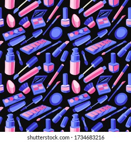 Seamless pattern with flat style colorful makeup icons. Hand drawn vector illustrations of different cosmetics items on black chalkboard background.