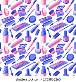 Seamless pattern with flat style colorful makeup icons. Hand drawn vector illustrations of different cosmetics items on white background.