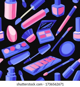 Seamless pattern with flat style colorful makeup icons. Hand drawn vector illustrations of different cosmetics items on black chalkboard background.