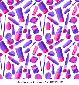 Seamless pattern with flat style colorful makeup icons. Hand drawn vector illustrations of different cosmetics items on white background.