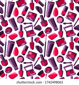 Seamless pattern with flat style colorful makeup icons. Hand drawn vector illustrations of different cosmetics items on white background.