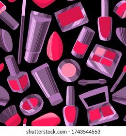 Patrón inmaculado con iconos de maquillaje coloridos de estilo plano. Ilustraciones de vectores dibujadas a mano de diferentes artículos cosméticos en el fondo de pizarra negra.