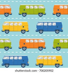 Seamless pattern with flat style colorful retro minivans