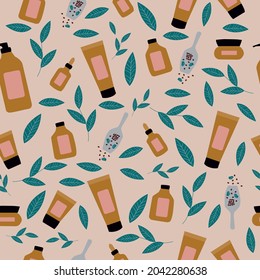Seamless pattern in flat style with cosmetics packaging and plant element.